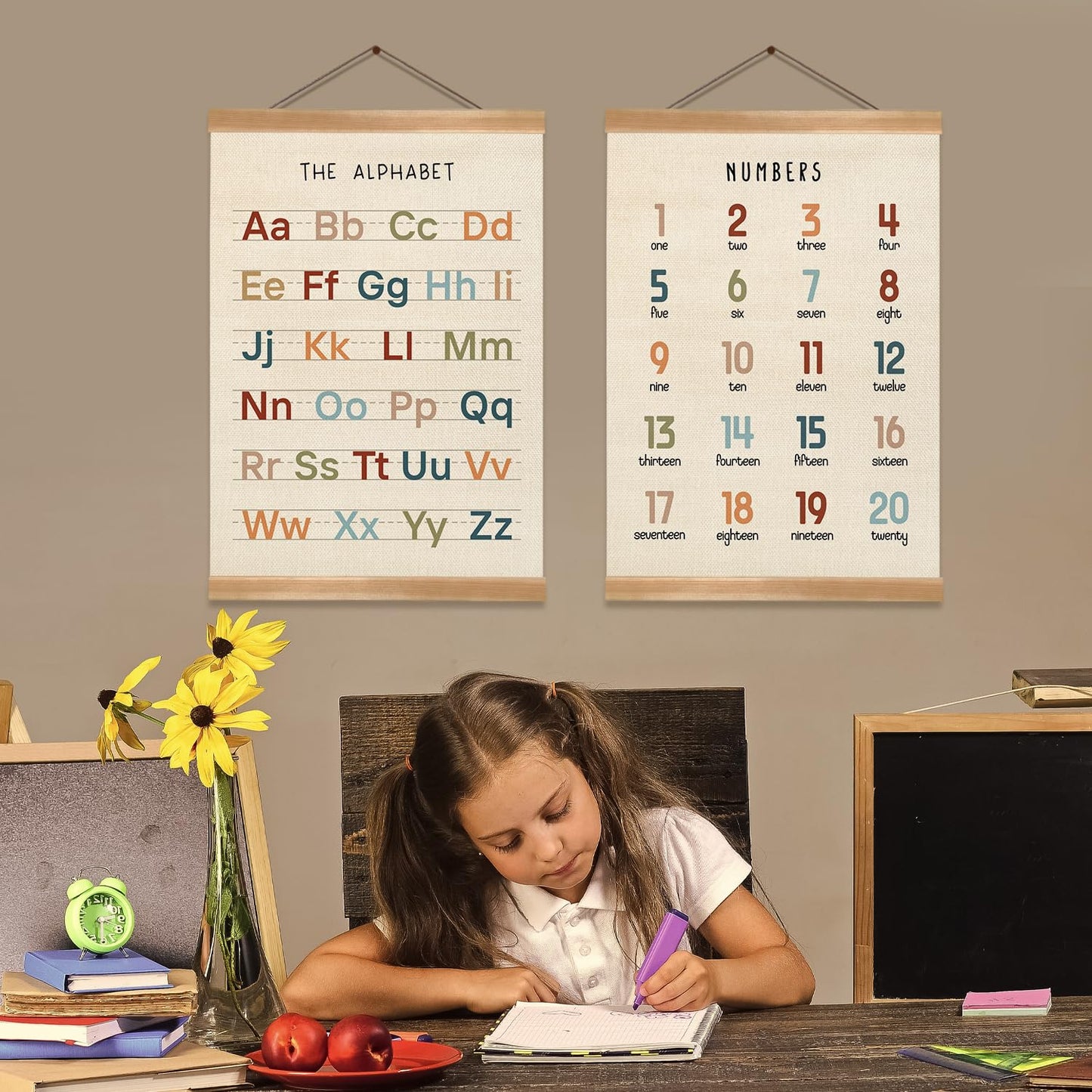 ZTGDA Alphabet Numbers Poster Set of 2, Alphabet Numbers Wall Art, ABC Banner Poster, Banner Wall Hanging Decor for Toddler Room Playroom Nursery Wall Classroom Decor 12x16inch (123&ABC-02)