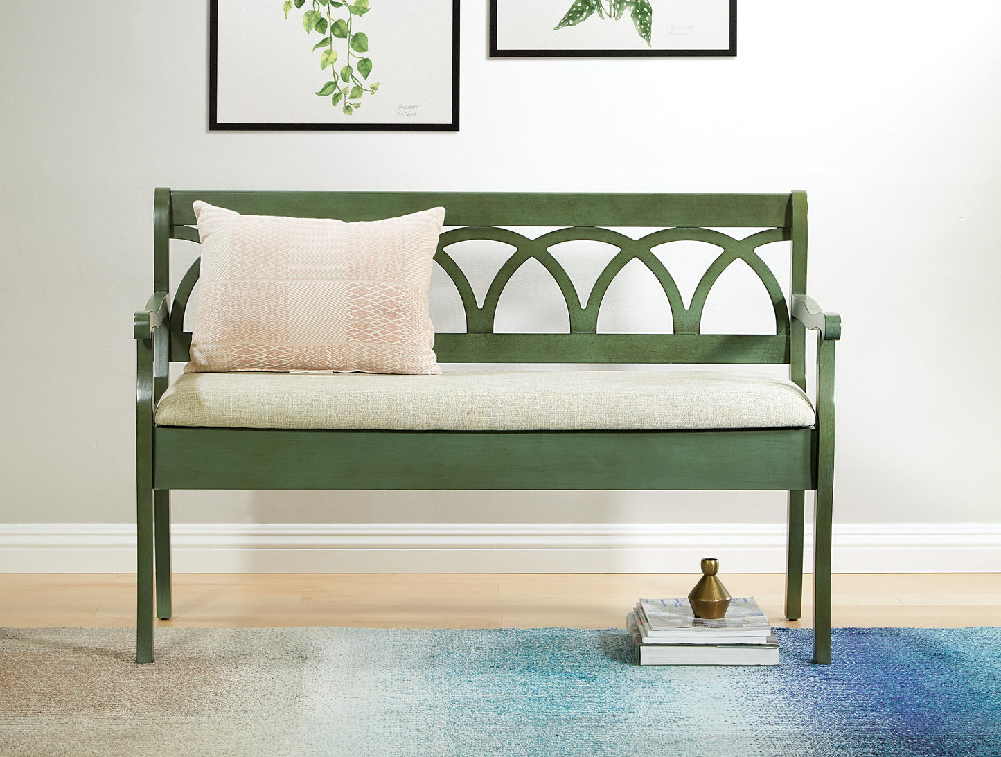 OSP Home Furnishings Coventry Solid Wood and Veneer Storage Bench, Antique Sage