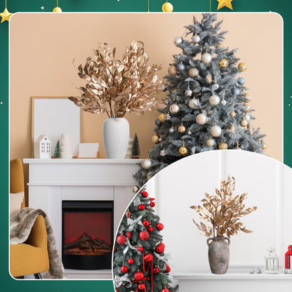 Giegxin 18 Inch Christmas Gold Bay Leaf Picks 6 Pcs Artificial Gold Christmas Decoration Bay Leaf Spray Stems Branch for Xmas Tree DIY Xmas Wreath Garland Home Decor