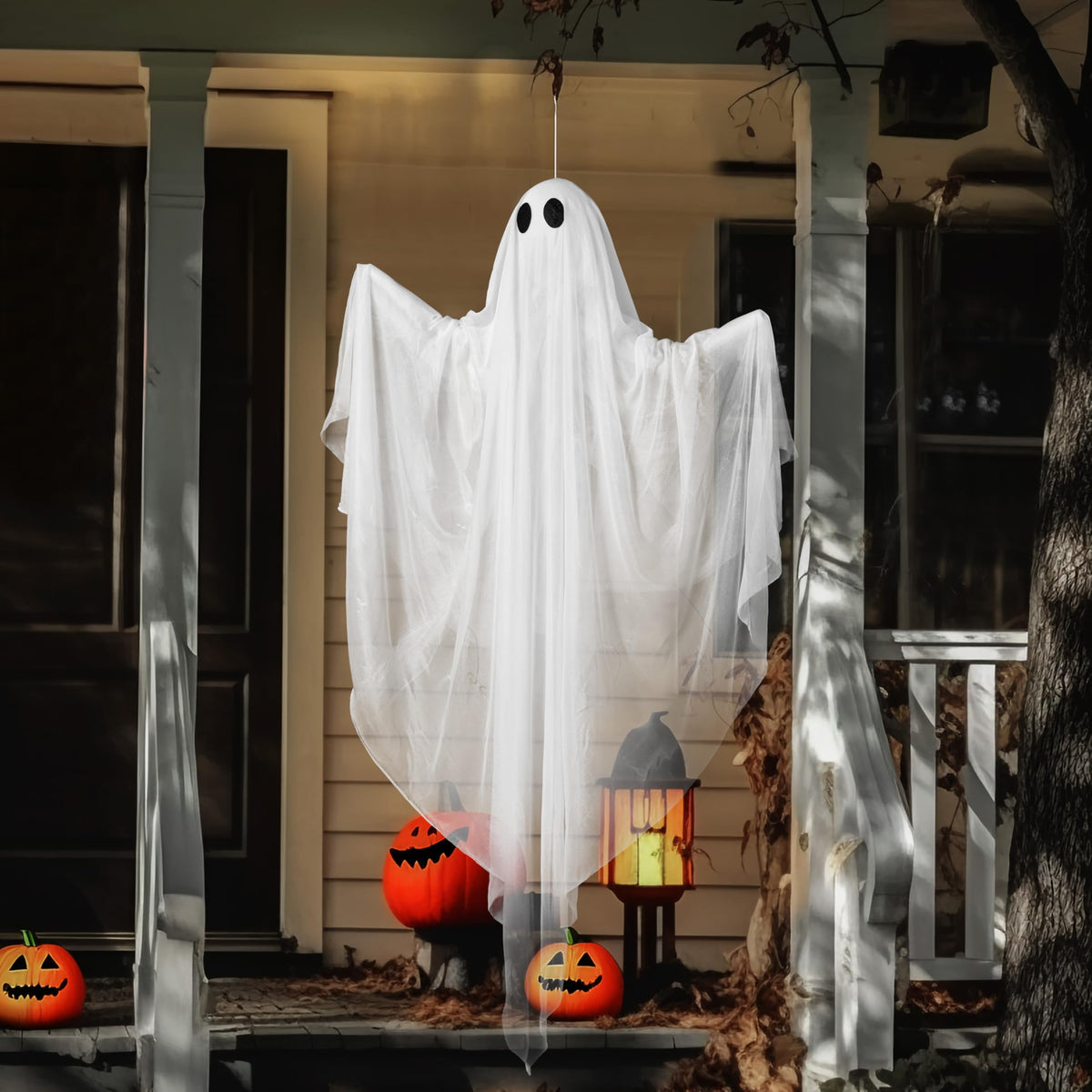 JOYIN Halloween Hanging Light up Ghost, 47” White Ghosts with Blue LED Light and Timer Halloween Hanging Decoration Waterproof for Front Yard Patio Lawn Garden Party Decor Indoor Outdoor
