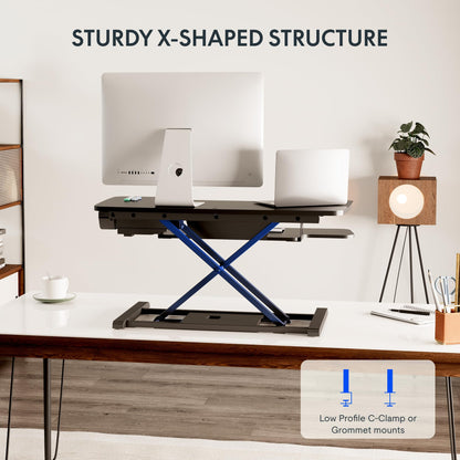 FLEXISPOT 35 inch Electric Standing Desk Converter, Motorized Stand up Desk Riser, Monitor and Laptop Workstation with Wide Keyboard Tray, Black