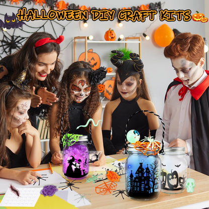 Halloween Craft Kit for Kids, 4 pcs Glass Mason Jar with Accessories for DIY Lantern Jar, Halloween Art & Craft Party Supplies for Classroom,Art and Craft Party Supplies for Kids