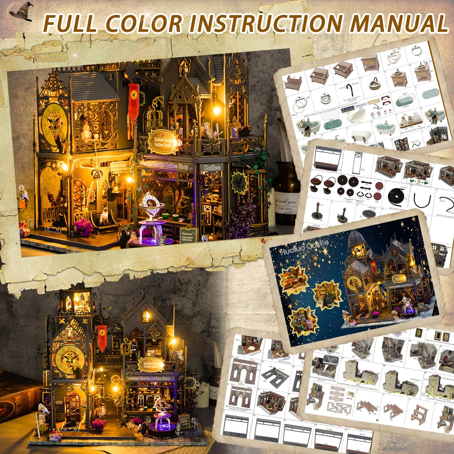 Mostop DIY Miniature House Kit: 3D Wooden Puzzle for Adults Miniature Kit, Magic Castle Tiny Model Dollhouse Kit with LED Light, Mini House Building for Adults & Teens, Creative Crafts for Women