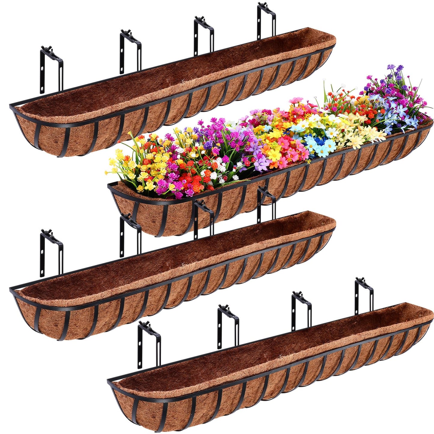 Tessco for you 4 Pack 48 Inch Window Baskets with Coconut Liner 4 Adjustable Flower Brackets Window Deck Planters Boxes Railing Planter Metal Hanging Flower Planter for Indoor Outdoor Lawn