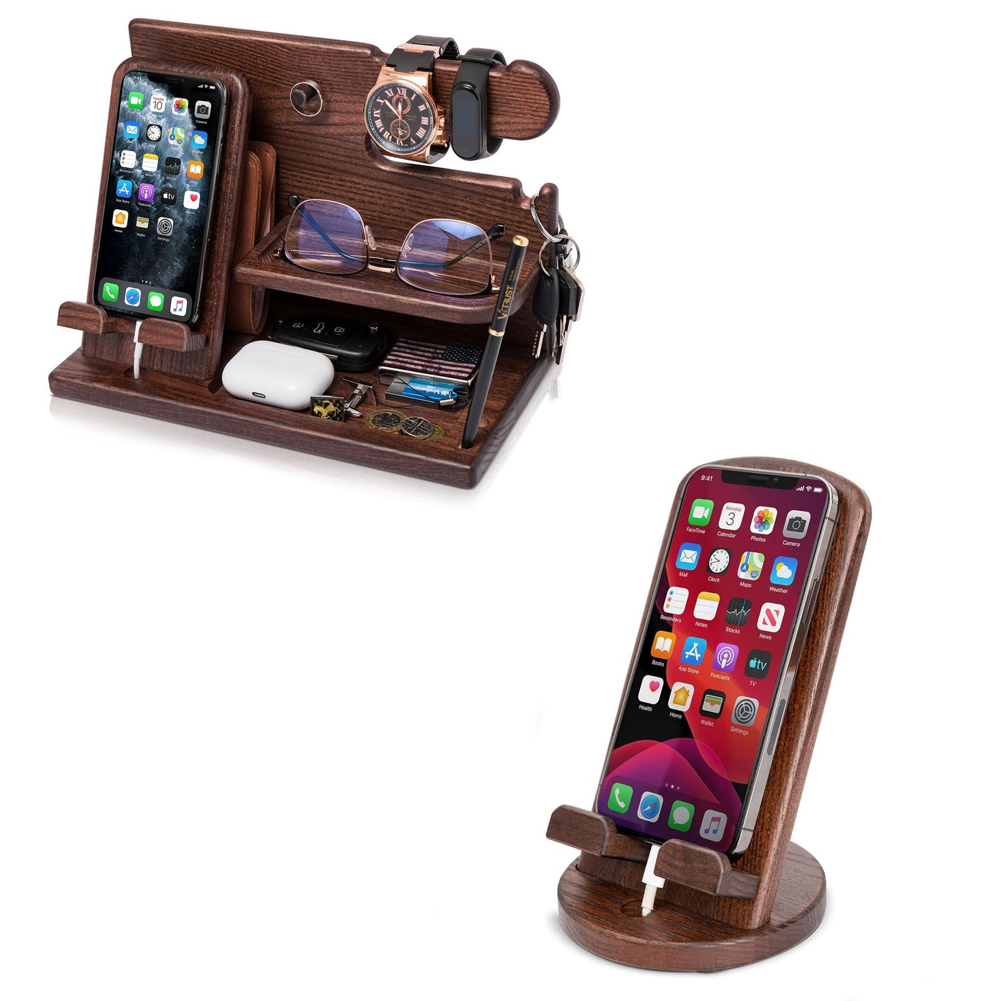 TESLYAR Wood Phone Docking Stations for Men - Desk or Nightstand Organizers