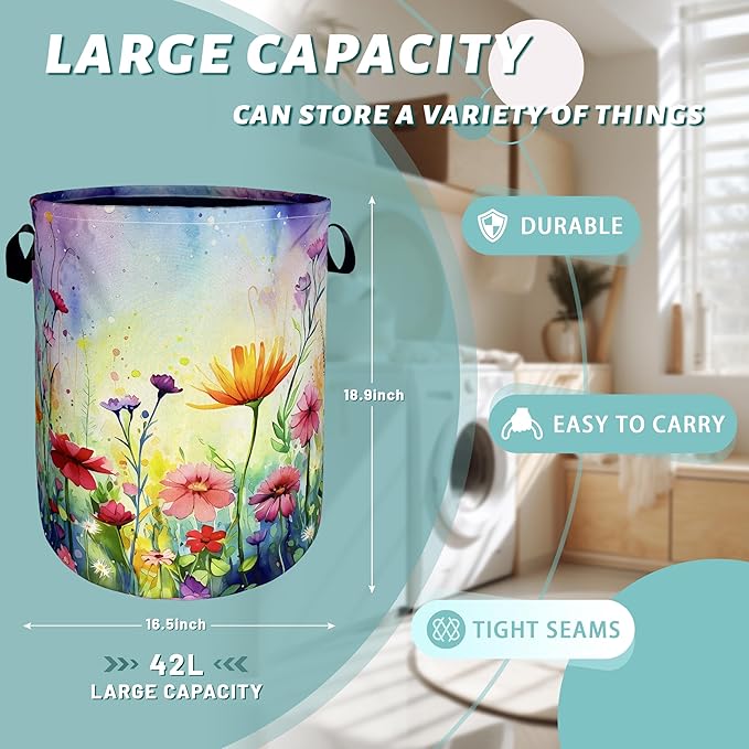 Watercolor Flowers Laundry Basket Wildflower Foldable Funny Laundry Hamper