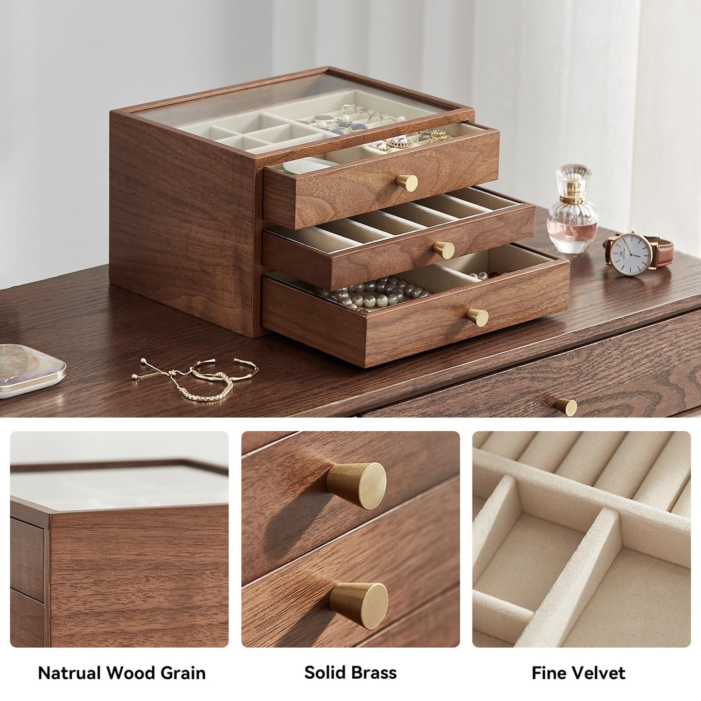 CHOSIN Black Walnut Wooden Jewelry Box for Women, 3-Layer Wood Jewelry Organizer with Glass Lid for Watches, Necklaces, Rings & Earrings Storage, Ideal Gift for Her, Fathers Day Gift