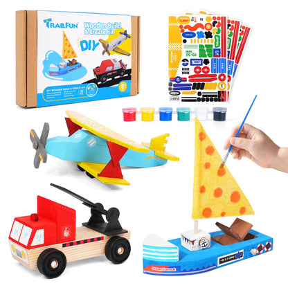 Wooden Build Paint Art Crafts Kit 3 Pack, Make Your Own Car Boat & Plane DIY Craft Toys for Kids Boys, STEM Educational Toy Set for Kids Ages 4-8, 8-12
