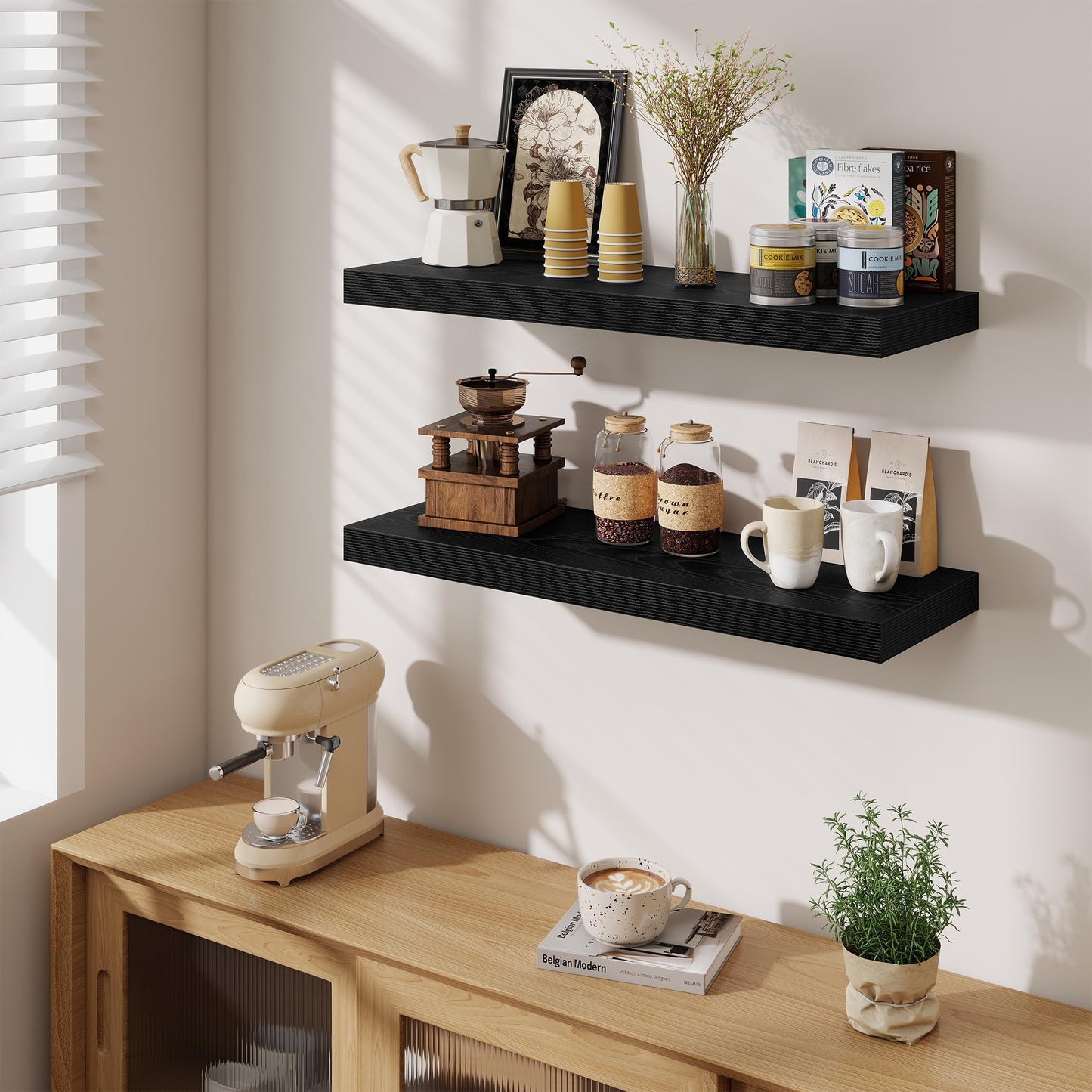 Fun Memories Floating Shelves for Wall, 32 Inch Long Floating Shelves Set of 2, 32 x 10 Wooden Shelves for Wall, Large Storage Shelves, Hanging Shelves for Bathroom Kitchen Bedroom, Black