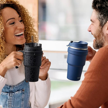 20 oz Insulated Coffee Mug Tumbler with Handle, Stainless Steel Travel Mug Tumbler with Lid and Straw,Double Wall Vacuum Leak Proof Ice Coffee Thermal Cup, Navy/Indigo Black