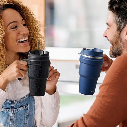 20 oz Insulated Coffee Mug Tumbler with Handle, Stainless Steel Travel Mug Tumbler with Lid and Straw,Double Wall Vacuum Leak Proof Ice Coffee Thermal Cup, Navy/Rose Gold