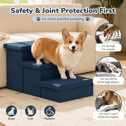 3-Step Wide Dog Stairs with Hidden Storage 18" H, Non-Slip Dog Steps for High Bed Couch Window Car, Jiont-Friendly Pet Stairs Ramp for Small/Medium/Large Old Dogs Cats Up to 220lbs, Navy