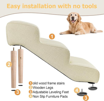 3-Step 15.7" H Dog Stairs for Bed Couch, Waterproof & Scratch PU Leather Pet Steps for Small Dogs and Cats, Dog Ramp with 220 lbs Maximum, Oak Leg & Solid Wood, Non-Slip Feet,Cream