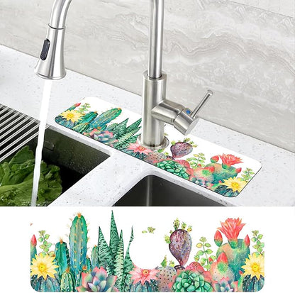 Watercolor Cactus Floral Sink Faucet Absorbing Mat Sink Splash Guard Faucet Mat