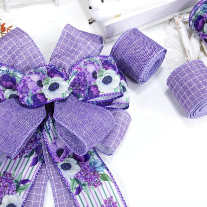 Spring Summer Purple Floral Wired Ribbon, 2.5 InchX 15 Yards Burlap Ribbon for Wreath, Bows, Gift Wrapping, Mother's Day, Wedding & DIY Craft (Purple)