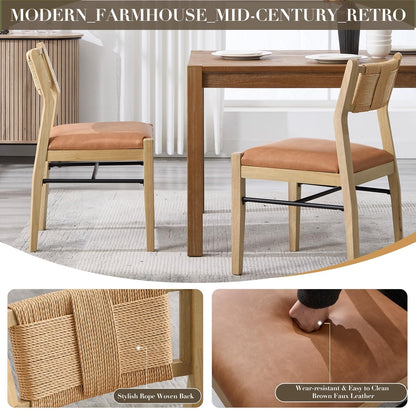 CIMOTA Wooden Dining Chairs Set of 2, Rope Woven Back,Upholstered Dining Room Chairs with Brown Faux Leather 2.25" Padded Seat, Mid-Century Modern Farmhouse Armless Kitchen Side Chairs for Dining Room