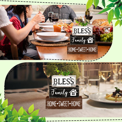TOMPOP 4 Pcs Sweet Home Wooden Table Decor Eucalyptus Leaves Tabletop Sign Farmhouse Tiered Tray Decorations Family Wood Block Stack Sign Gift for Home Fireplace Mantel (Leaf)