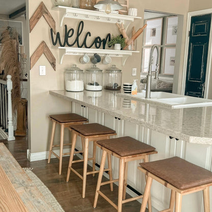 Nathan James Barker Classic Counter Height Wood Barstool with Leather Removable Cushion, Backless Island 24" Bar Stool for Kitchen, Chestnut Brown