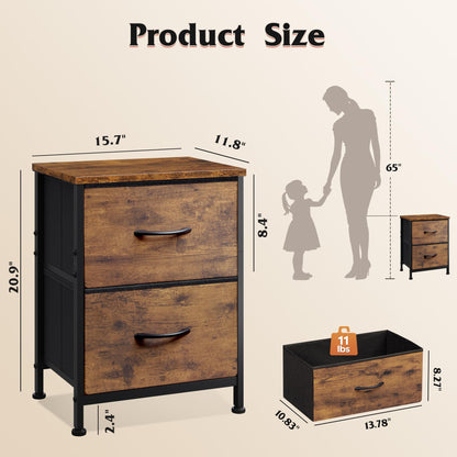 WLIVE Night Stand, Small Dresser with 2 Drawers & Wooden Top, Nightstand with Fabric Bins, Bedside Table End Table for Bedroom, Closet, Entryway, College Dorm, Rustic Brown