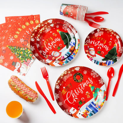 Christmas Party Decorations Xmas Party Supplies Serves for 25-Balloon, Banner, tablecloth, Backdrop, Disposable Paper Plate, Cup, Napkins, Knife, Fork, Spoon