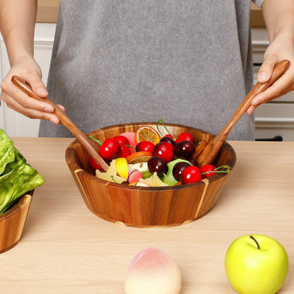 Yunlly Wooden Salad Bowl Set of 5 - Large Fruit Mixing Bowls with Salad Servers Utensils for Serving Dining Accessory - Handmade - Acacia Wood - Large 12", Medium 10", Small 8" (Wavy Design)