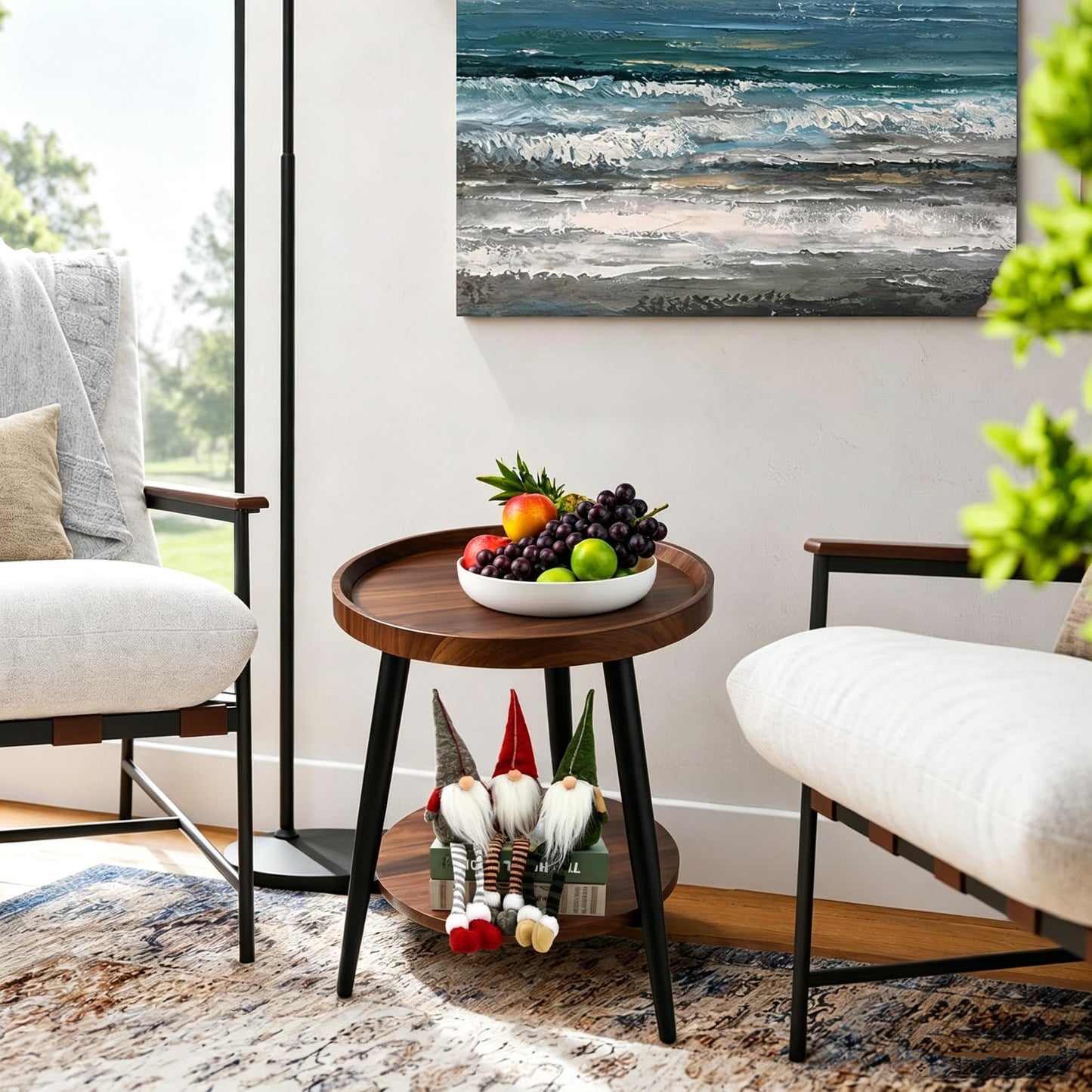 FANTERSI Small Round Side Table, 2-Tier Mid Century Modern Side Table, Round End Table Small End Table for Living Room, Metal Frames, Brown