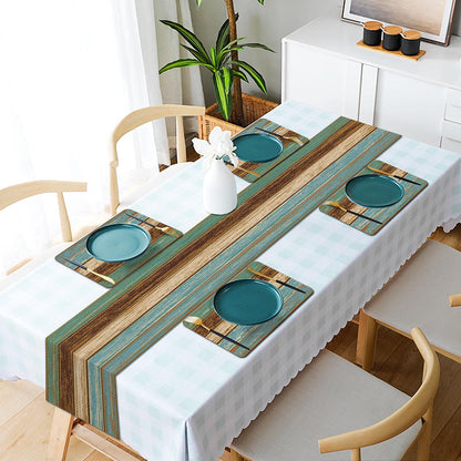 Mcalk Farmhouse Table Runner and Placemats Set of 6 Pieces, Teal and Brown Placemats Wooden Texture,Rectangle Cloth Place Mats Indoor for Kitchen,Washable Placemats Linen Material for Living Table