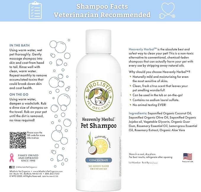 Wholistic Pet Organics Pet Shampoo Concentrate: USDA Organic Cat and Dog Shampoo for Sensitive Skin and Coat Support - Mild and Non-Irritating, Natural, Non-Toxic, Sulfate-Free, & Cruelty-Free - 8 Oz