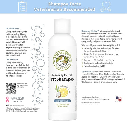 Wholistic Pet Organics Pet Shampoo Concentrate: USDA Organic Cat and Dog Shampoo for Sensitive Skin and Coat Support - Mild and Non-Irritating, Natural, Non-Toxic, Sulfate-Free, & Cruelty-Free - 16 Oz