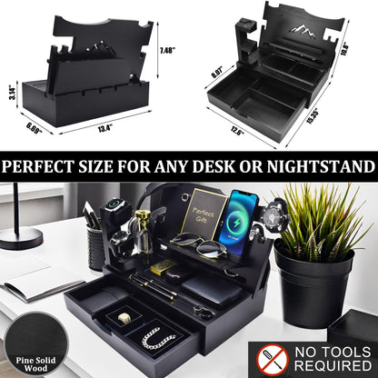 KWYADLUO Nightstand Organizer for Men with Large Drawer, Wood Phone Docking Station for Phone, Apple Watch, Wallet & Keys, Ideal Birthday Gift for Father Husband Wife, Bedside Desk Organizer (Black)
