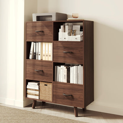 ELYUP Bookcase with Fabric Storage Bins - 8 Cube Organizer Display Bookshelf for Home Office, Walnut