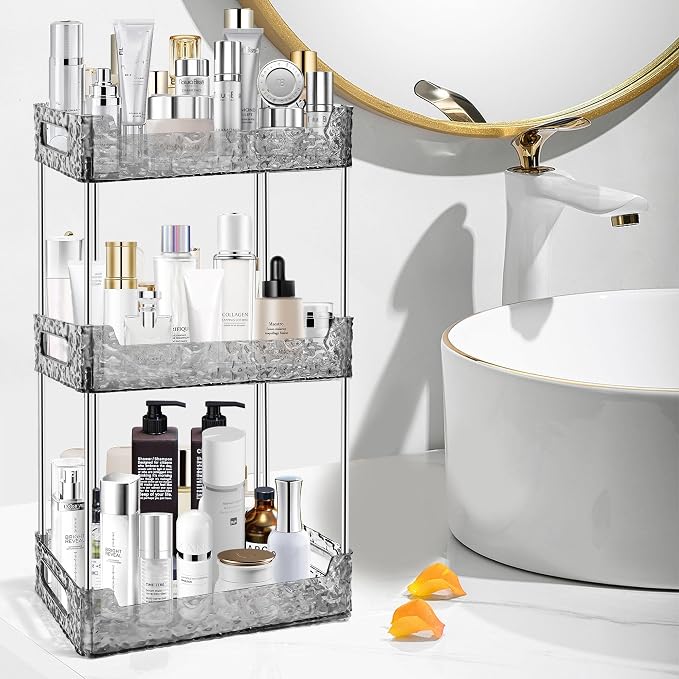 3-Tier Bathroom Counter Organizer Countertop Storage, Dresser Organizer Vanity Tray for Makeup, Perfume Organizer Cosmetics Skincare Shelf - Grey