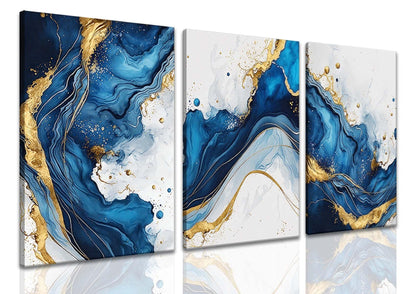 ZQARTZZQ 3 Piece Framed Wall Art Abstract Wall Decor Navy Blue and Gold Pictures Marble Foil Canvas Art Modern Minimalism Paintings Artwork For Living Room Bedroom Office 12x16in