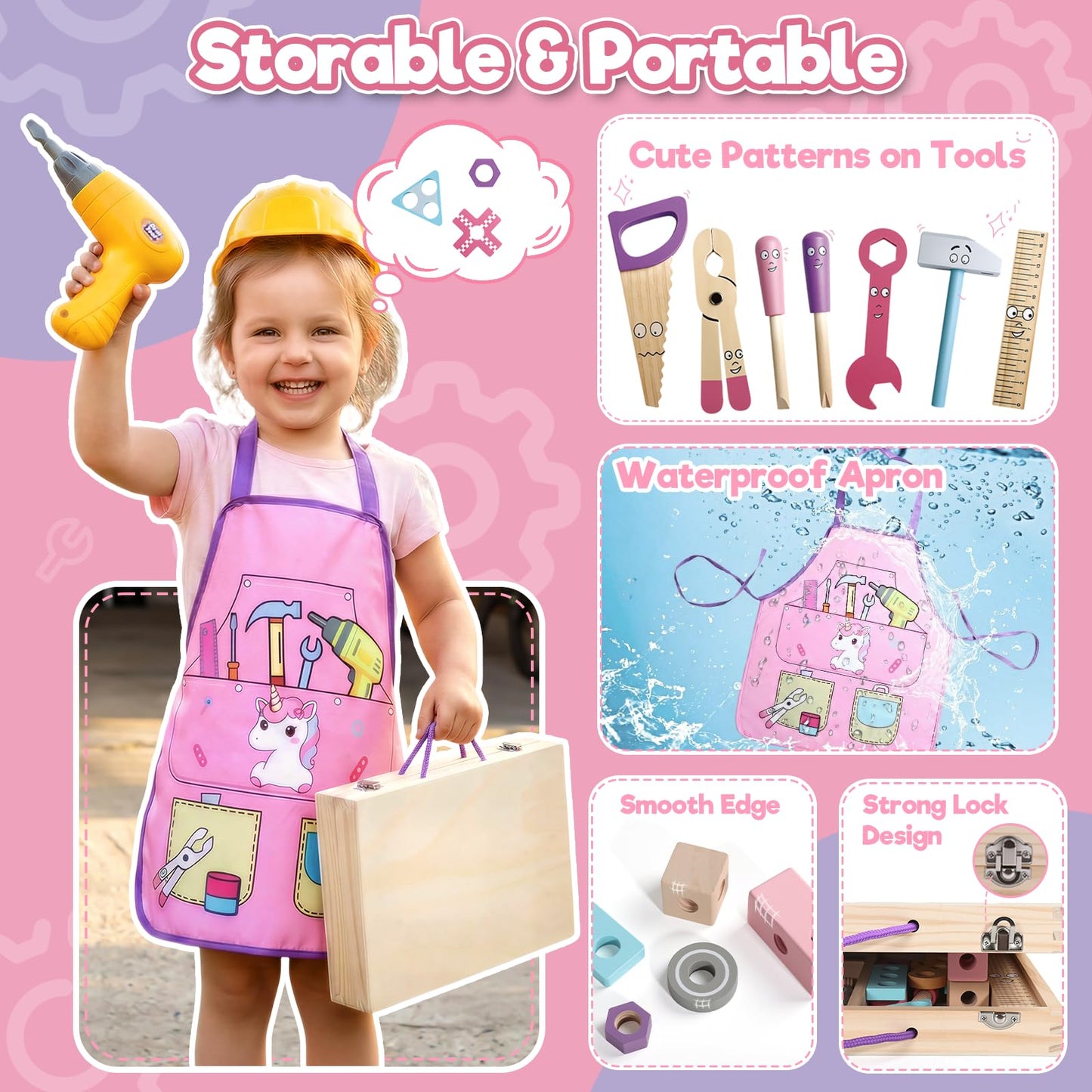 Wooden Kids Tool Set with Drill Montessori Toys for 3 Year Old Girl 44Pcs