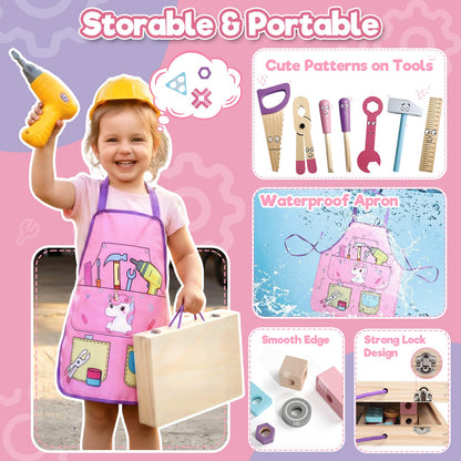 Wooden Kids Tool Set with Drill Montessori Toys for 3 Year Old Girl 44Pcs