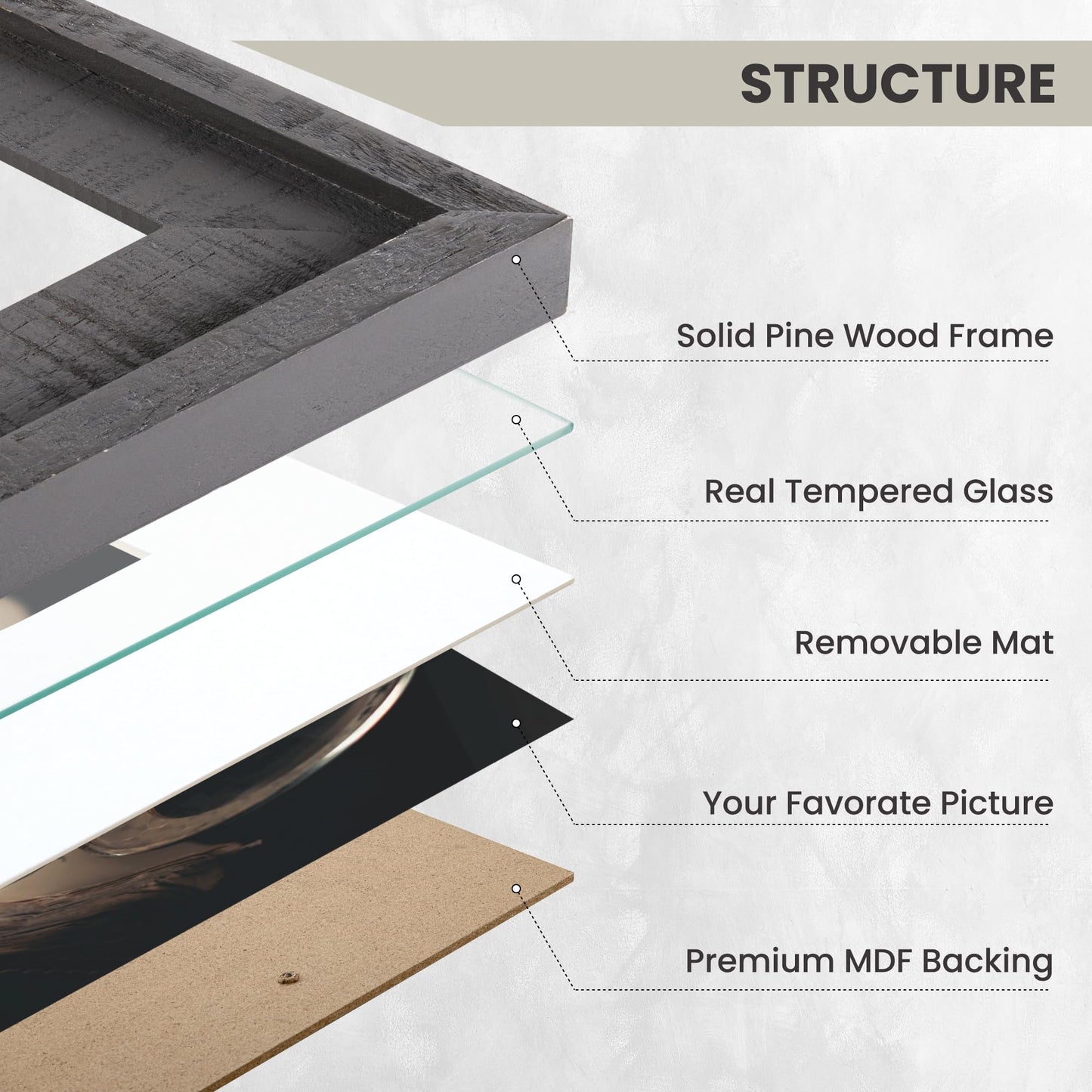 8x10 Wood Picture Frame, 8x10 inch Photo Frame with 5x7 Removable Mat, Distressed Rustic Country Style with Chisel Marks, High Definition Tempered Glass, Vertical and Horizontal Display, Wall Hook Hanging Hardware Included, Grey