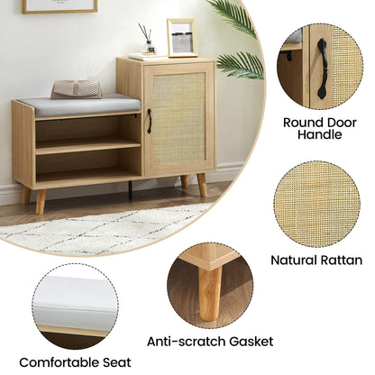 GAOMON 2-in-1 Natural Rattan Shoe Storage Bench with Upholstered, Shoe Cabinets with Adjustable Shelf, Home Entrance Shoe Rack for Hallway Living Room Bedroom Dorm and Small Apartment