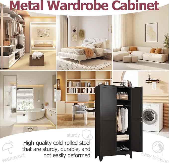 GAIOUS Metal Wardrobe Cabinet with Hanging Rod, Clothing Storage Cabinets | with 2 Doors and Adjustable Shelves, 71" Metal Black Armoire Wardrobe Closet for Bedroom, Laundry Room, Cloak Room