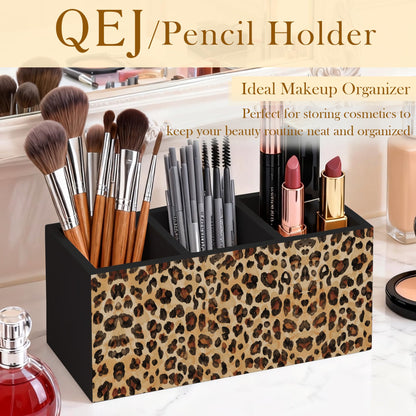 QEJ Leopard Print Pen Holder for Desk, Cheetah Print Room Decor, Cheetah Animal Wooden Box Pencil Pen Organizer for Home Office Desk Tabletop