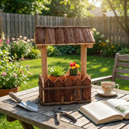 HORTICAN Mini Wooden Wishing Well Planter, Rustic Tabletop Succulent Holder, Farmhouse Plant Decor Gift for Shelf, Porch, Balcony & Indoor Display, 13x9.25x5.7 in