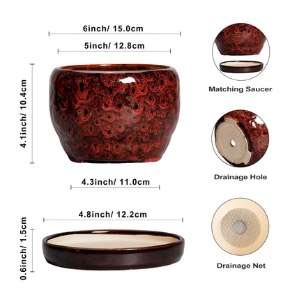 SQOWL Ceramic Pot for Plants - 6 Inch Plant Pot Indoor with Drainage Hole and Saucer, Decorative Flower Pot Outdoor, Round Succulent Planter, Front Porch Decor, House Warming Gifts New Home, Red