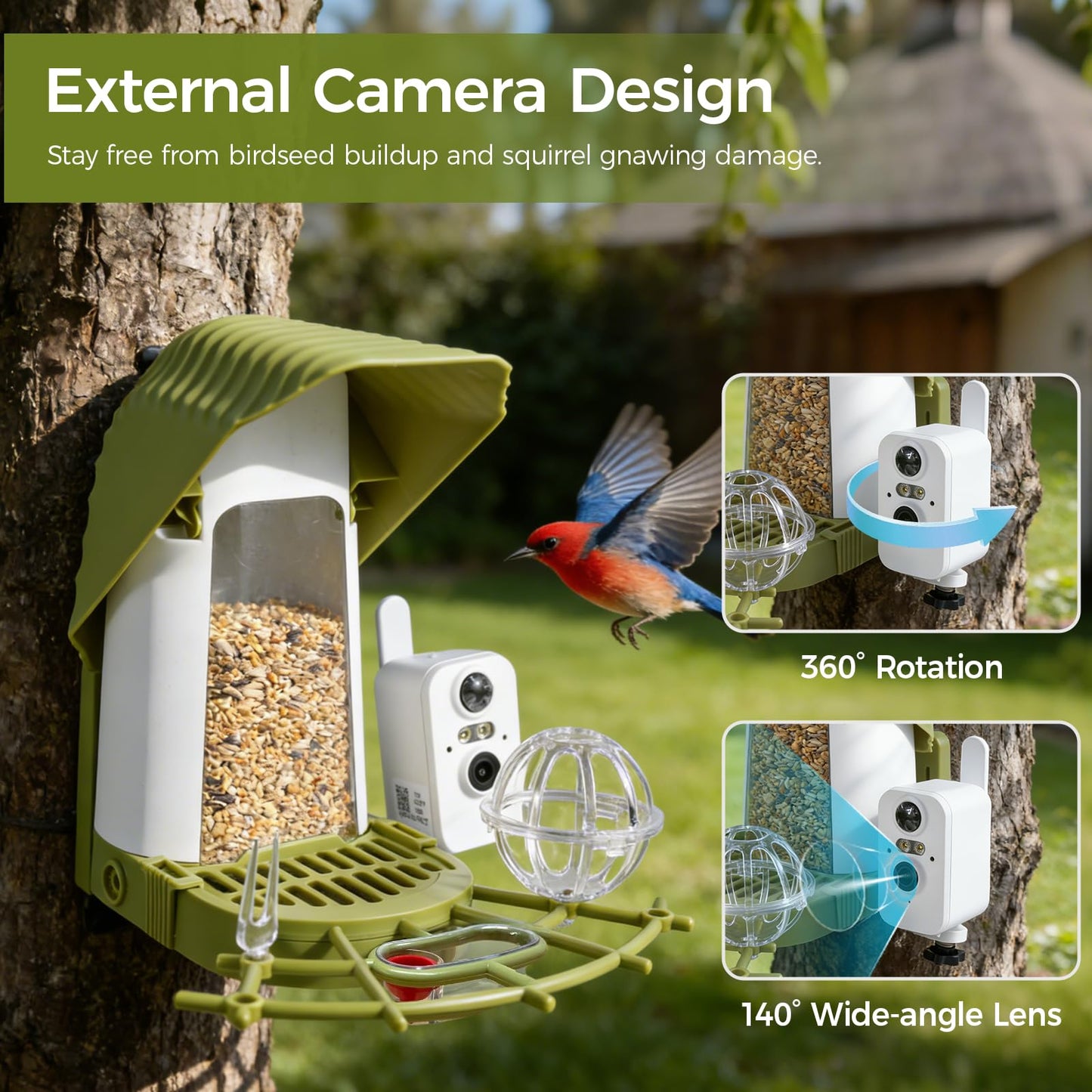 Upgraded Smart Bird Feeder with Camera, AI Species Identify, Adjustable Exterior Camera, 2K HD Live View & Motion Alerts, Weatherproof Outdoor Bird Feeder for Bird Lovers
