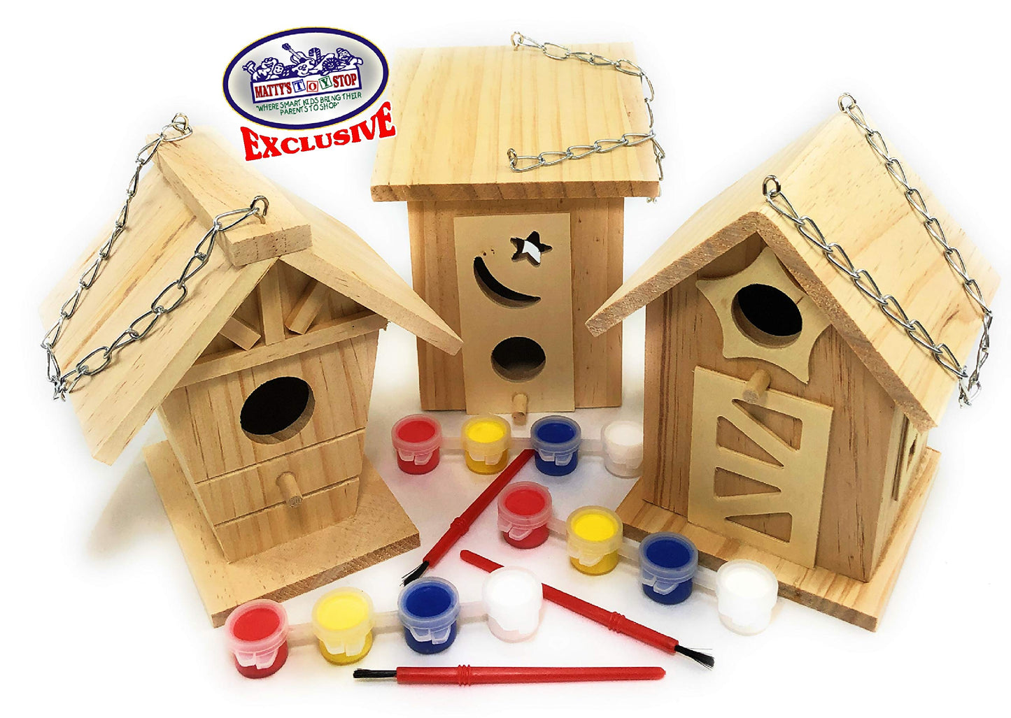 Matty's Toy Stop Paint Your Own Small Wooden Birdhouses (Includes Paints & Brushes) Gift Set Bundle - 3 Pack