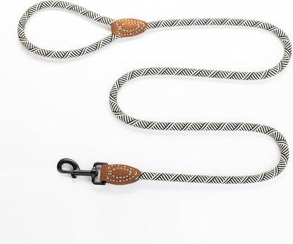 Mile High Life Rope Leash with Genuine Leather Connection, 6 FT/5 FT/4 FT, Heavy Duty Leash for Medium & Large Dogs (Black Beige, 60 Inch)