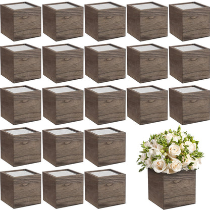 Suzile 24 Set Wooden Planter Box Square Wood Flower 4 Rustic Cube Planter Box with Removable Foam Blocks Liner Brown Square Vase for Home Centerpiece Garden Craft Wedding Farmhouse Decor