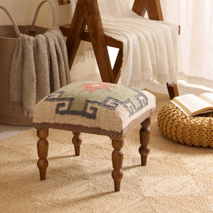 NATURAL FURNISH Solid Wood Upholstered Footstool | Handmade Southwestern Pattern Ottoman with Turned Wooden KD Legs | Decorative Accent Stool for Living Room, Entryway & End of Bed (Gray and Tan)