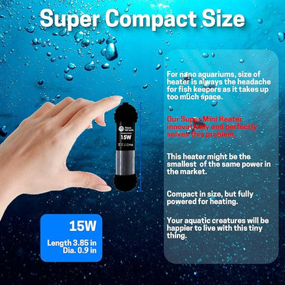 AquaMiracle Upgraded 15W Small Aquarium Heater Fish Tank Heater Turtle Heater Super Mini Aquarium Heater, Dry-Run/Overheating Protection and Memory Function, Dual LED Display, for 1-3 Gal Tanks