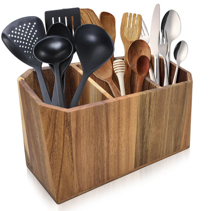 Large Kitchen Utensil Holder for Countertop – Acacia Wood Utensil Organizer with 3 Compartments, Beveled Edges Design, Non-Slip Silicone Pads & Drain Hole – Rustic Farmhouse Utensil Caddy Crock