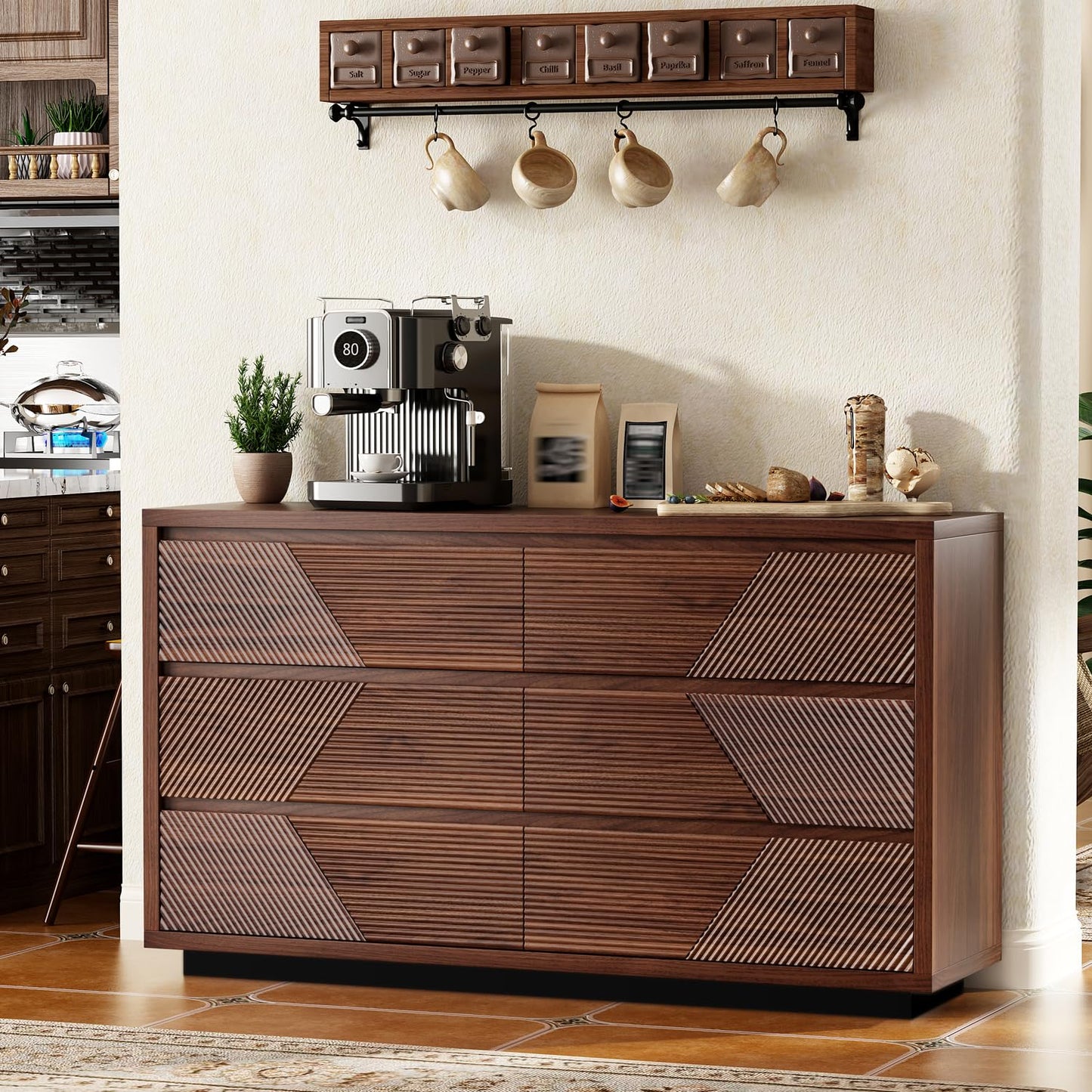 Ieejdn 55.12" Modern Chest of Drawer, 6 Deep Drawers,Clothes Organizer,Large Storage Cabinet for Living Room, Bedroom,Dresser TV Stand, Wood Drawer Organizer for Living Room, Hallway, Umber
