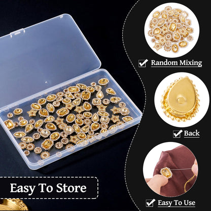 FASHEWELRY 100Pcs Sew on Rhinestones Mixed Shapes Big Rhinestones Bedazzling Flatback Sew on Crystal Gems with Metal Base for DIY Costumes Embellishments (Golden)